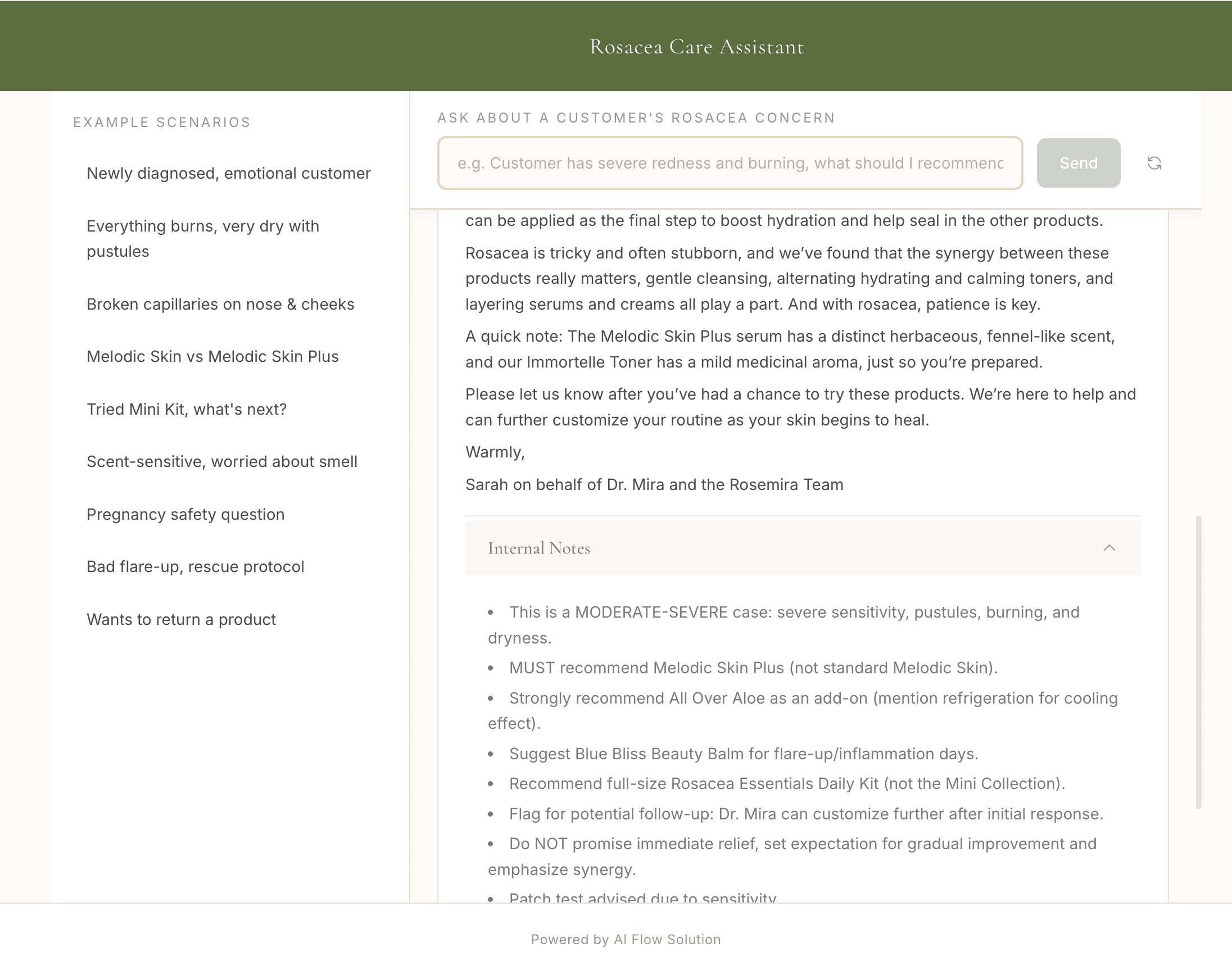 AI-powered customer support tool showing personalized recommendations and example customer scenarios