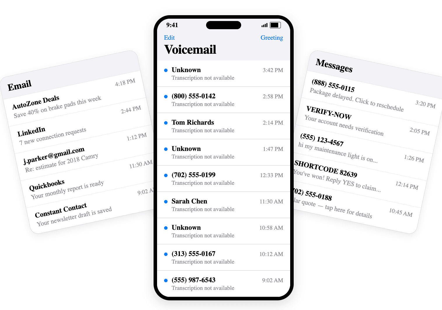 Cluttered phone screen showing voicemail, email, and text messages mixed with spam
