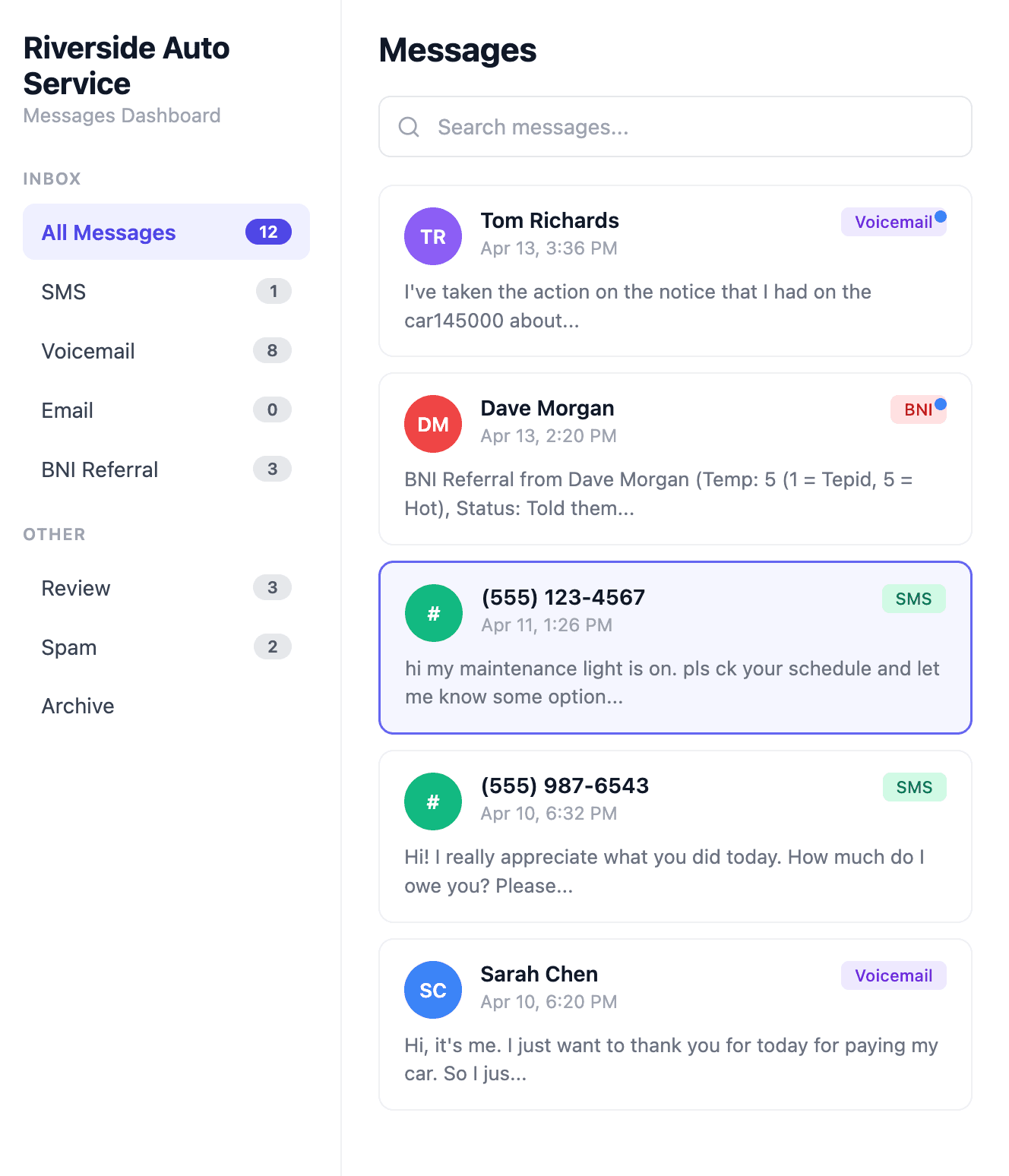 Unified messages dashboard showing SMS, voicemail, email, and BNI referral categories with AI-classified intent labels